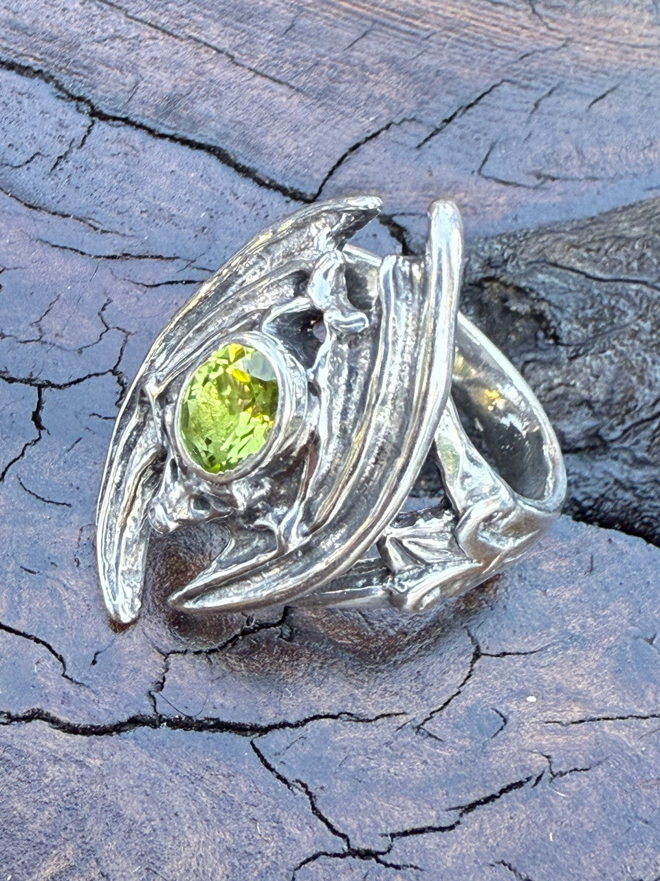 Gothic Bat Ring with Peridot Gemstone