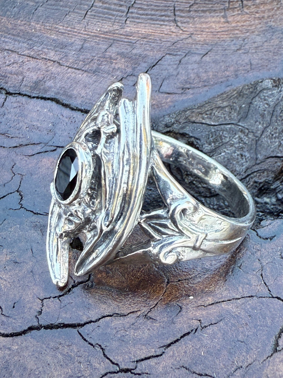 Gothic Bat Ring with Onyx Gemstone