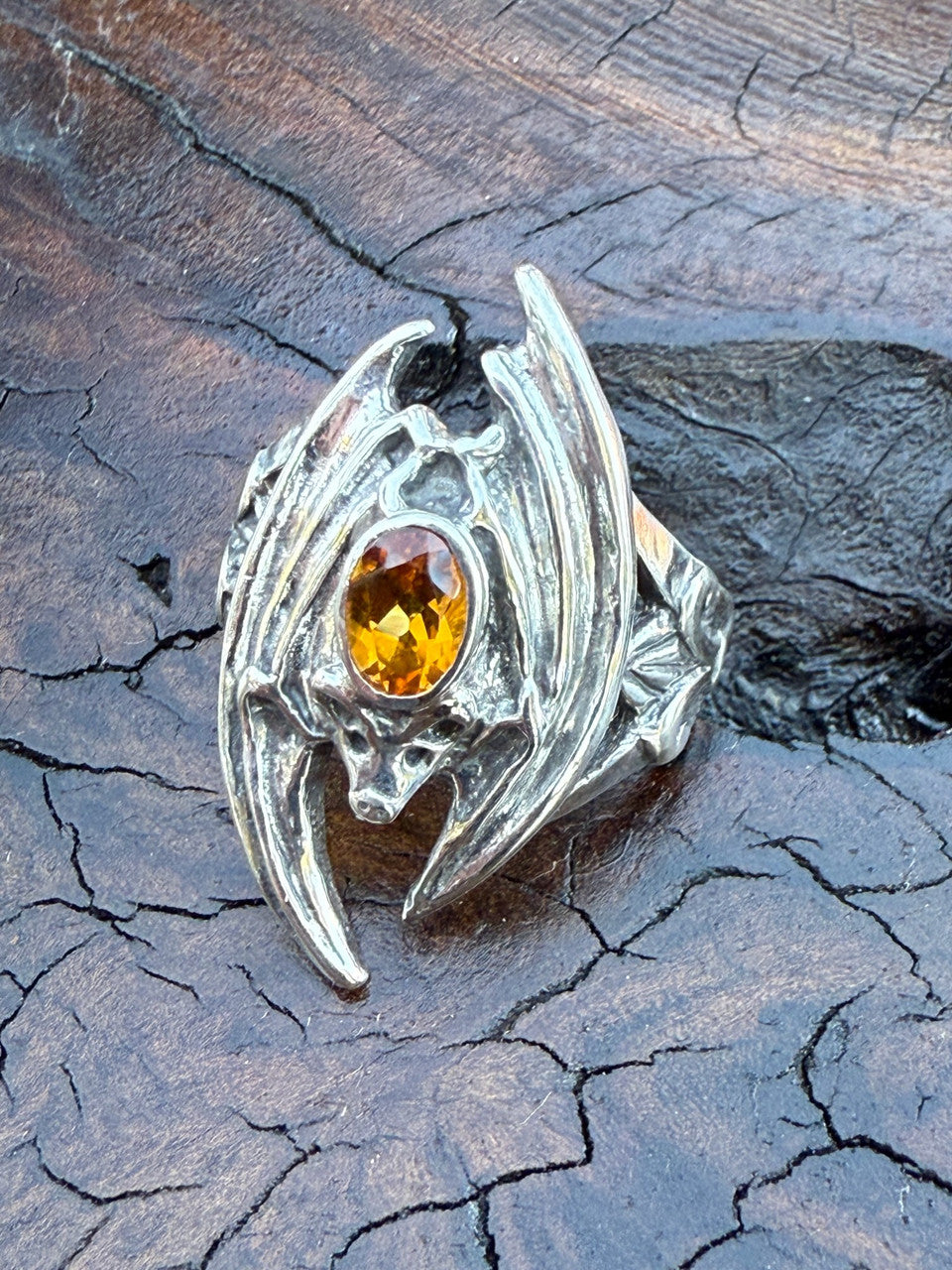 Gothic Bat Ring with Citrine Gemstone