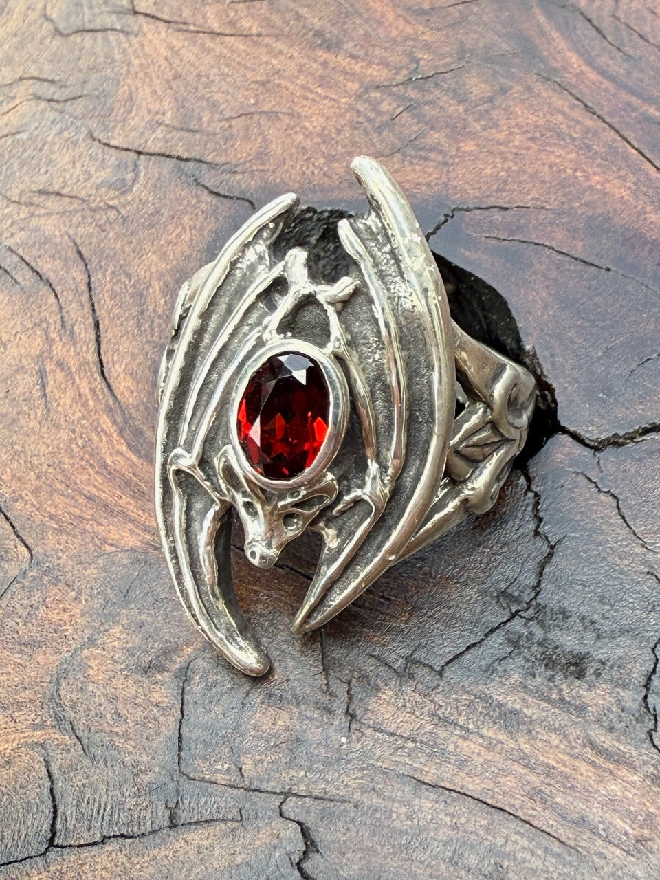 Gothic Bat Ring with Garnet Gemstone