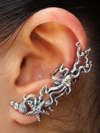 Poseidon's Gift - Octopus and Sea Star Ear Cuff - Sterling Silver