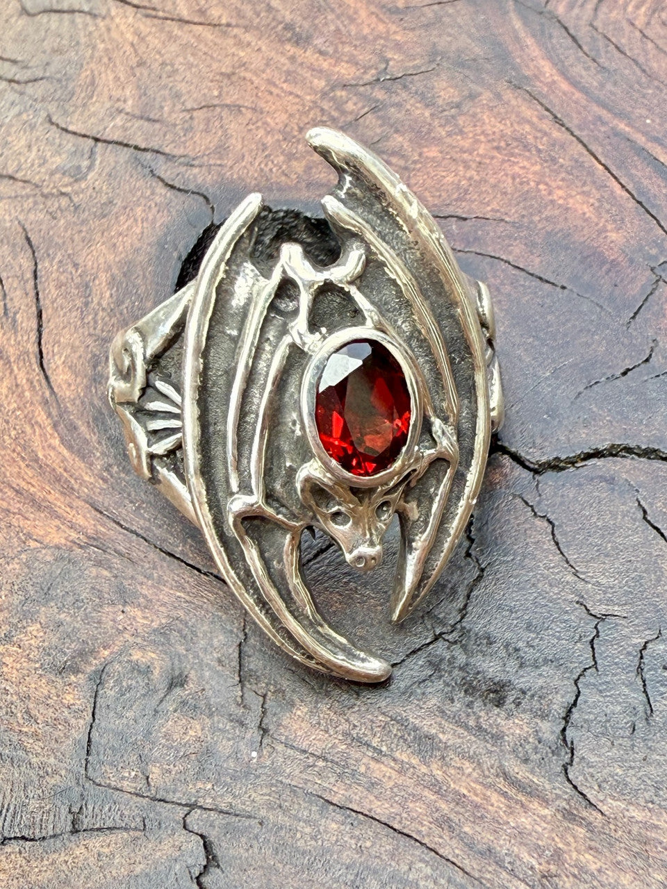 Gothic Bat Ring with Garnet Gemstone