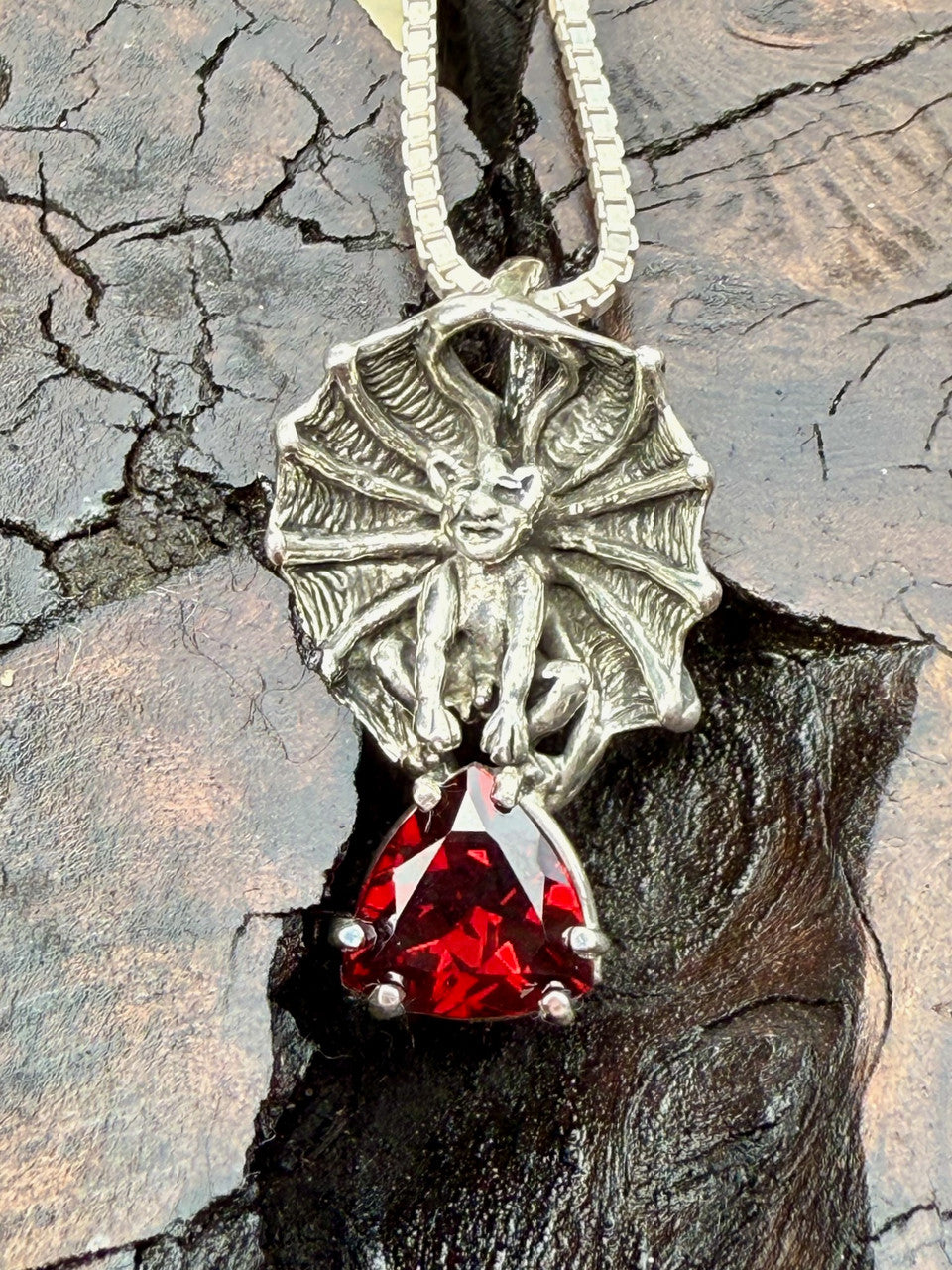 Gothic Gargoyle Pendant with 9mm Trillion Gemstone - Garnet