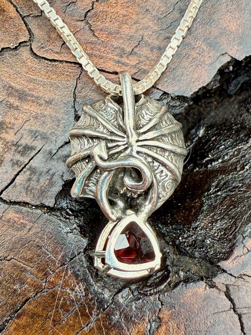 Gothic Gargoyle Pendant with 9mm Trillion Gemstone - Garnet