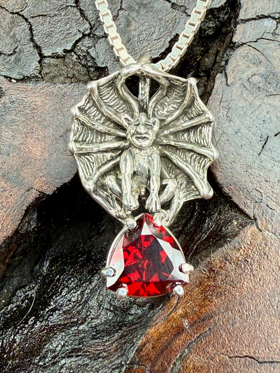 Gothic Gargoyle Pendant with 9mm Trillion Gemstone - Garnet