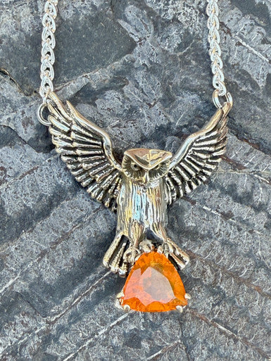 Owl Neckpiece with Mexican Fire Opal - Sterling Silver
