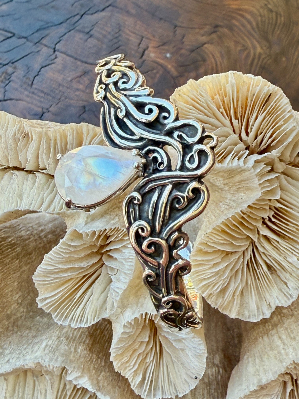 Cascade Bracelet Cuff with Rainbow Moonstone - Silver