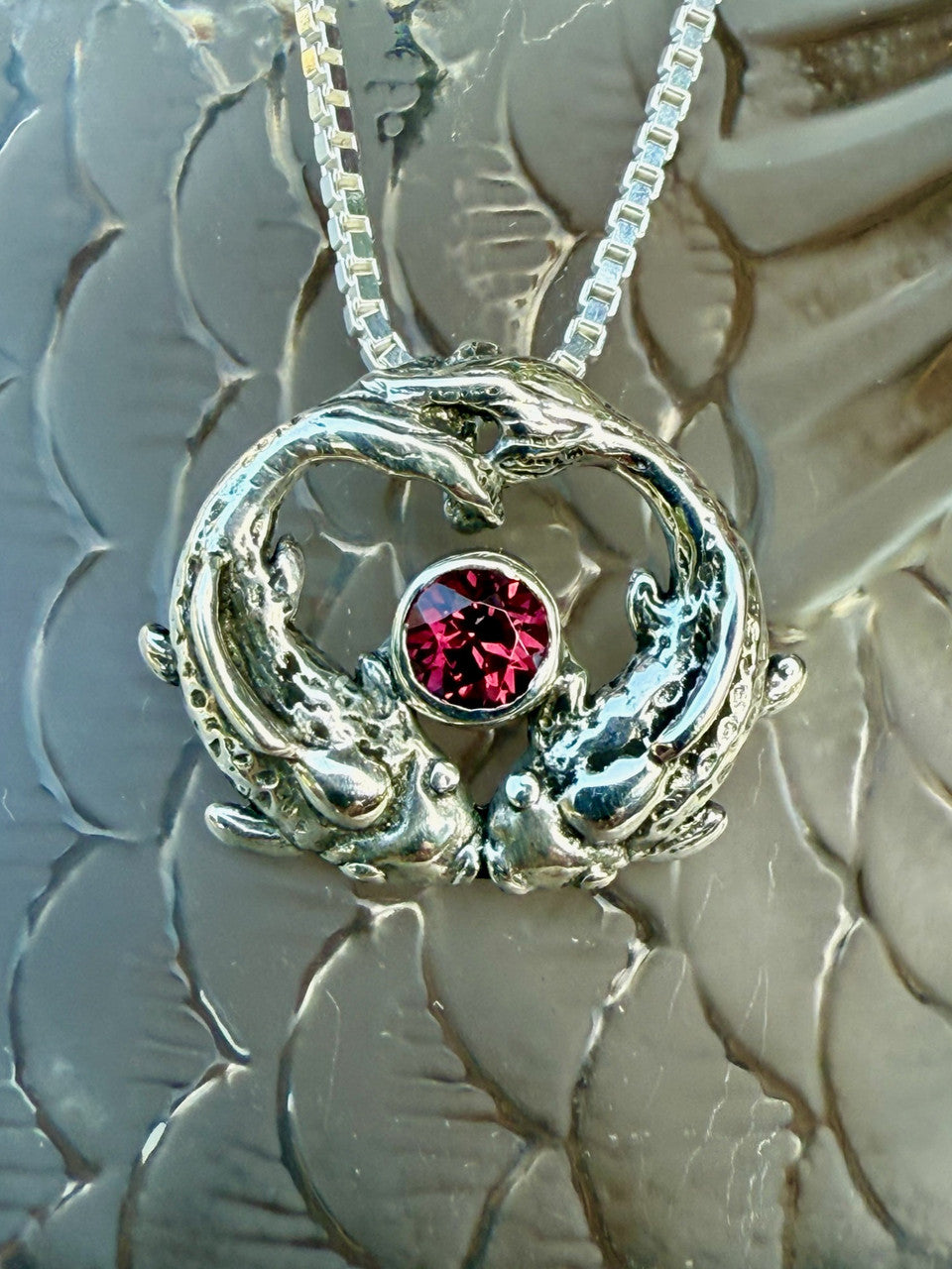 Koi Love Charm with Rhodolite Garnet - Silver