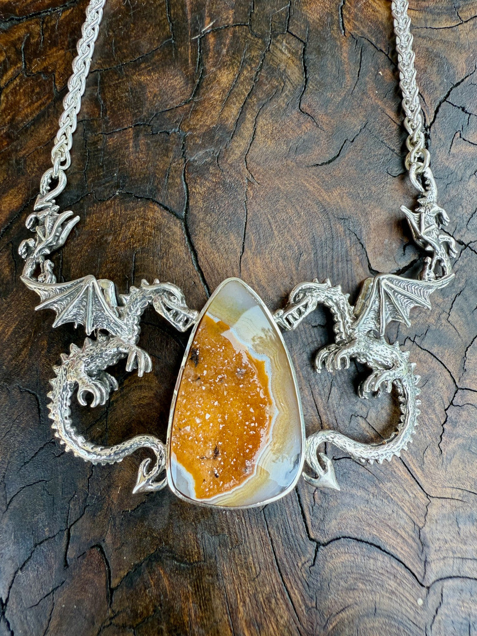 Spike Dragon Neckpiece with Druzy Quartz - Silver
