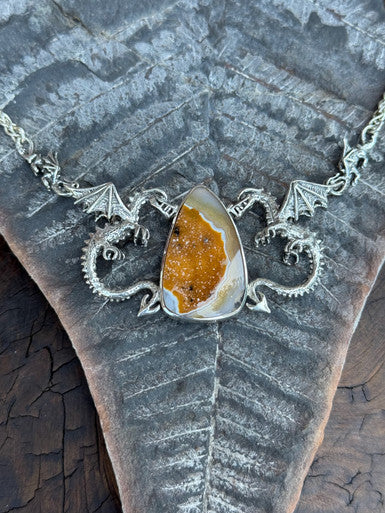 Spike Dragon Neckpiece with Druzy Quartz - Sterling Silver