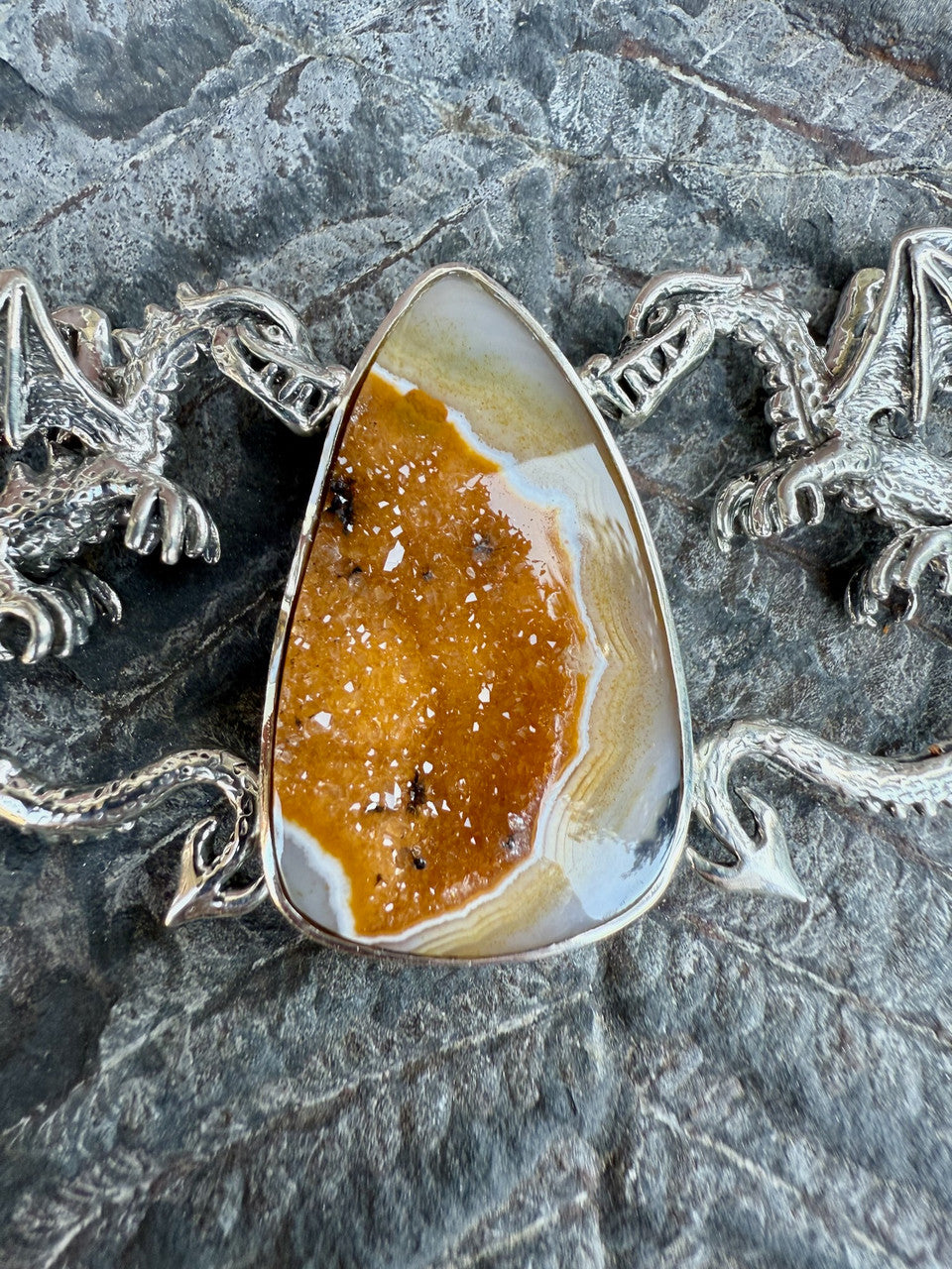 Spike Dragon Neckpiece with Druzy Quartz - Silver