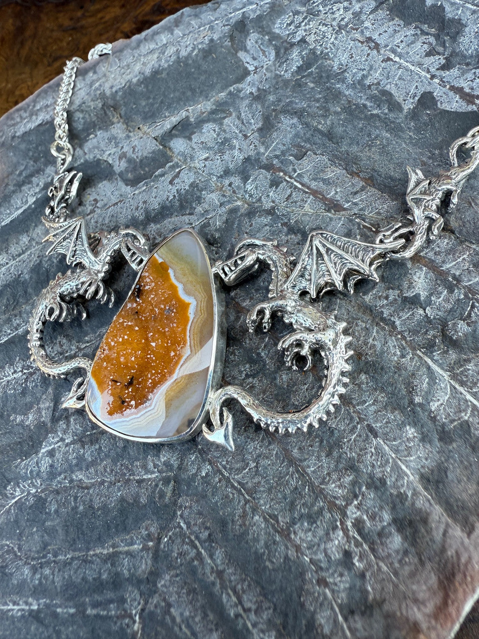 Spike Dragon Neckpiece with Druzy Quartz - Silver