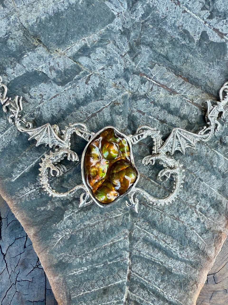 Spike Dragon Neckpiece with Arizona Fire Agate - Silver