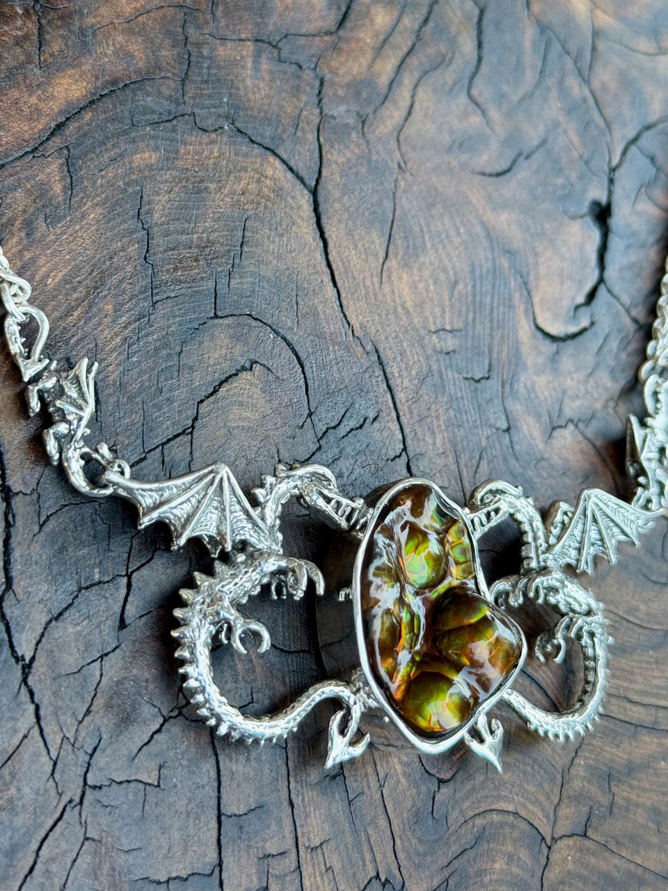 Spike Dragon Neckpiece with Arizona Fire Agate - Silver