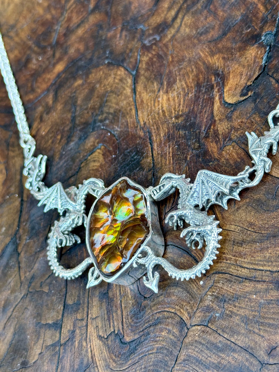 Spike Dragon Neckpiece with Arizona Fire Agate - Silver
