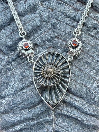 Pyritized Ammonite Neckpiece with Mexican Opals - Sterling Silver