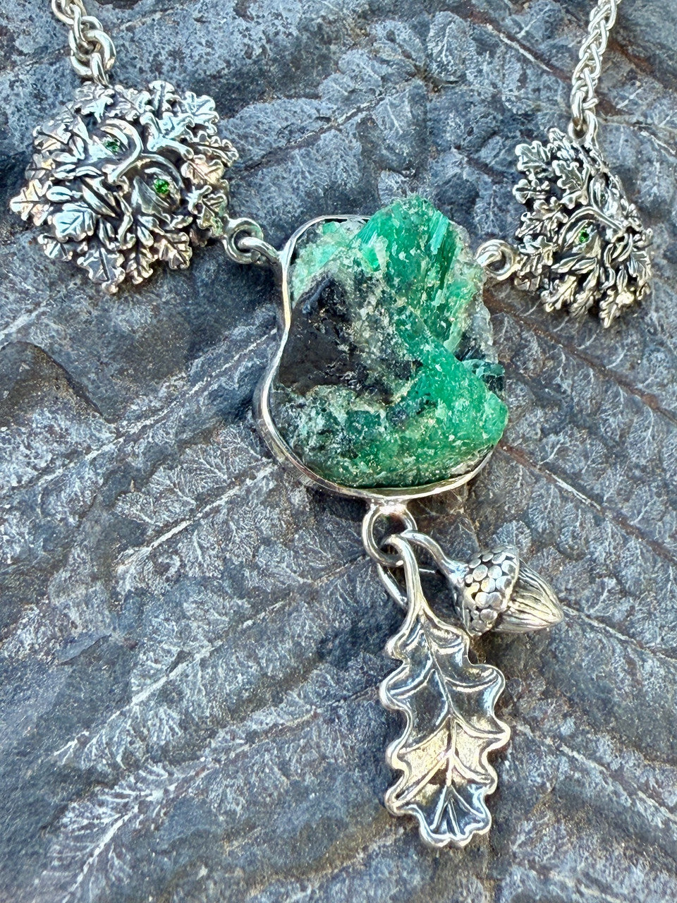 Emerald Crystal Green Man Neckpiece - Silver