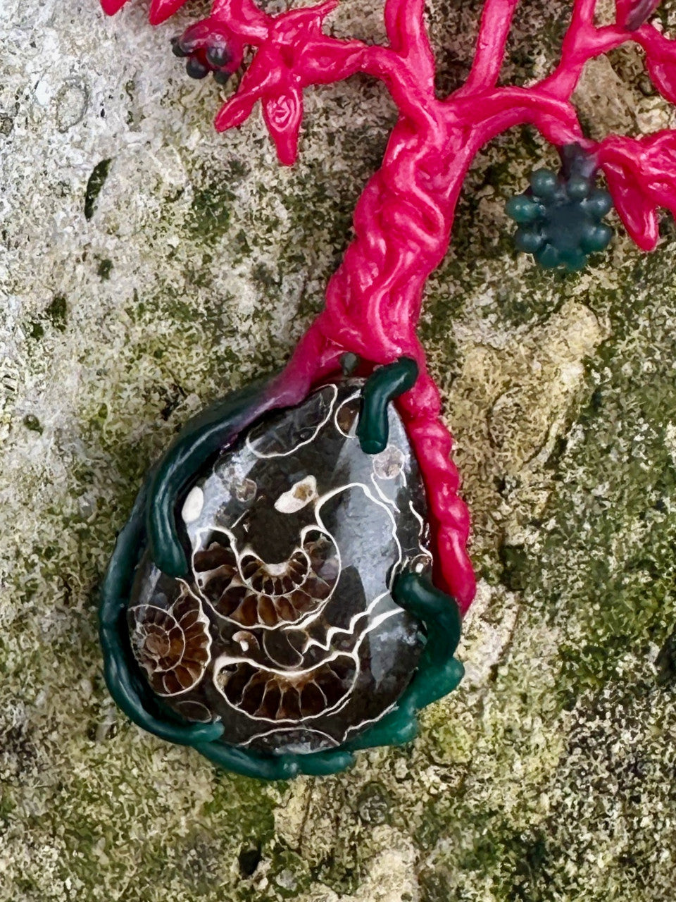 Original Wax Carving of Primeval Forest Tree Pendant #24 with Marston Marble Fossil and Mexican Fire Opal - Silver