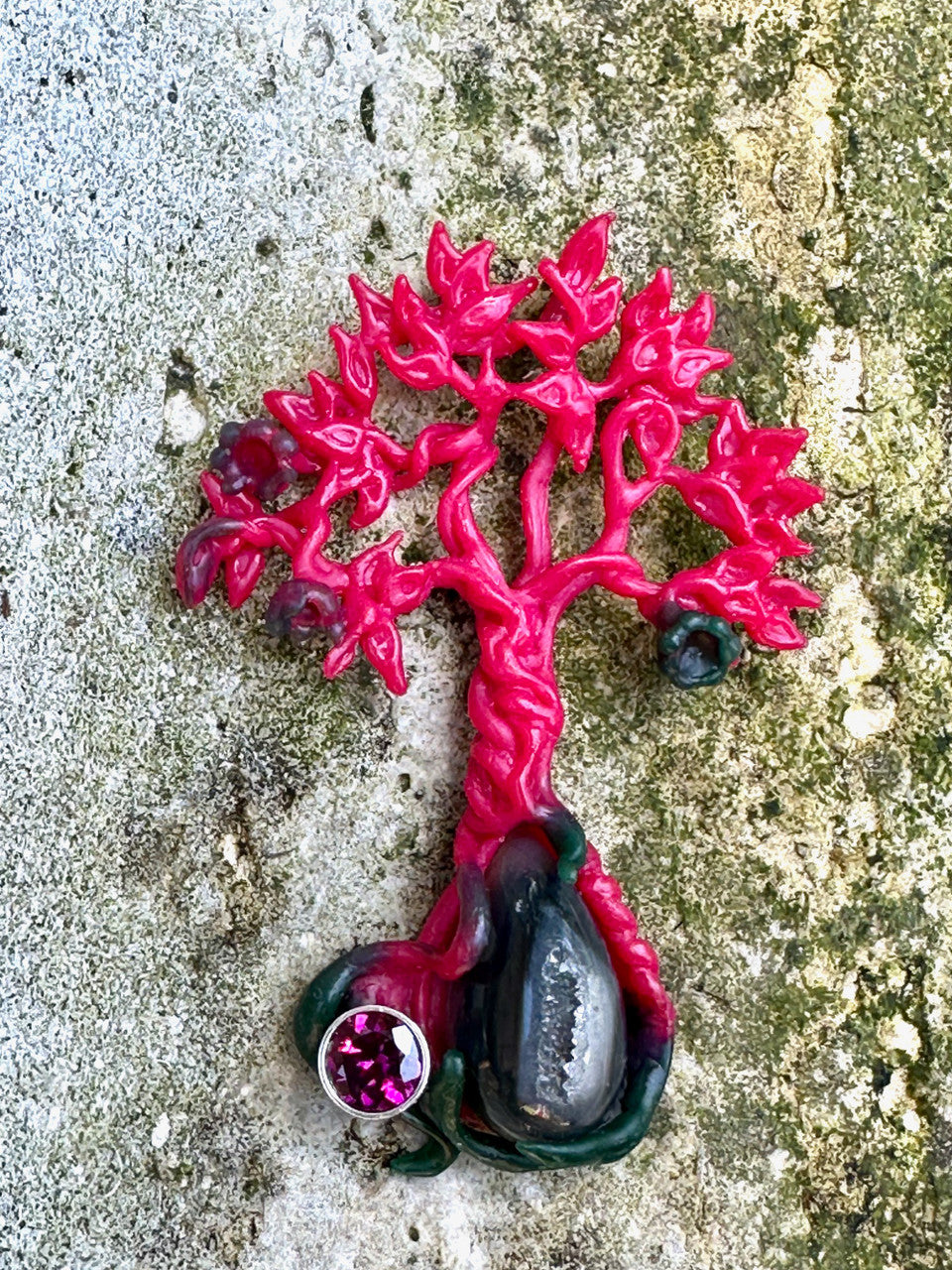 Original Wax Carving of Primeval Forest Tree Pendant #22 Black Druzy Quartz and Rhodolite Garnet - Silver