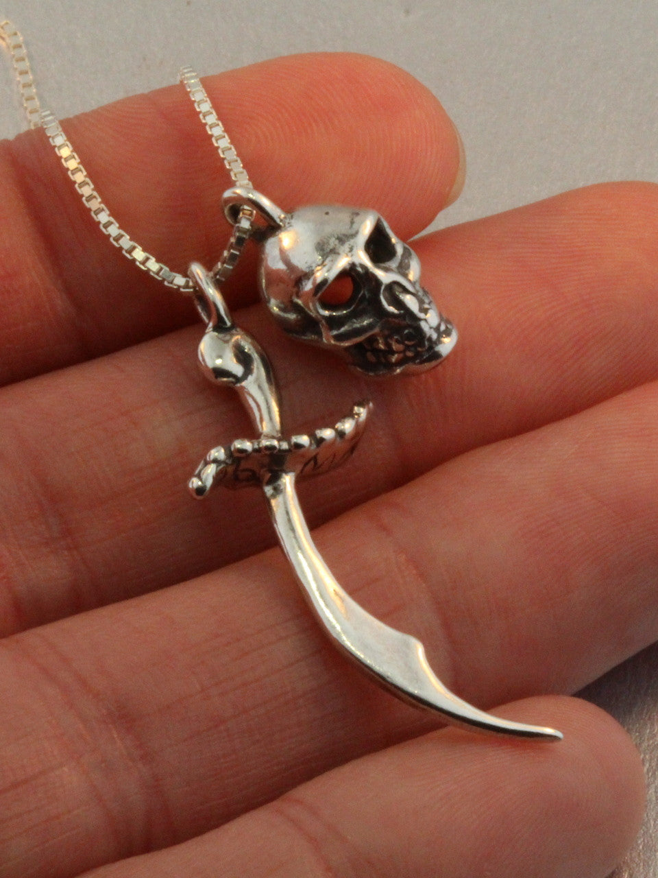 Skull and Scimitar Sword Pendant - Silver