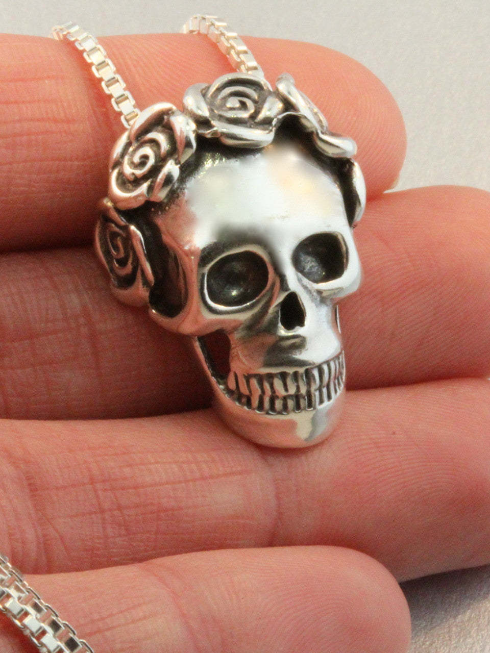 Sterling Silver Skull and Rose Pendant