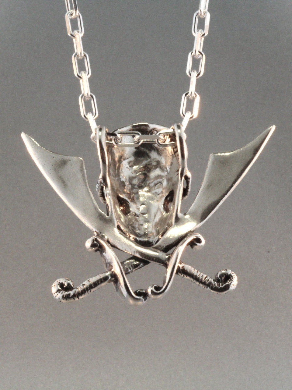 Skull and Crossed Cutlass Pendant with Anchor Chain