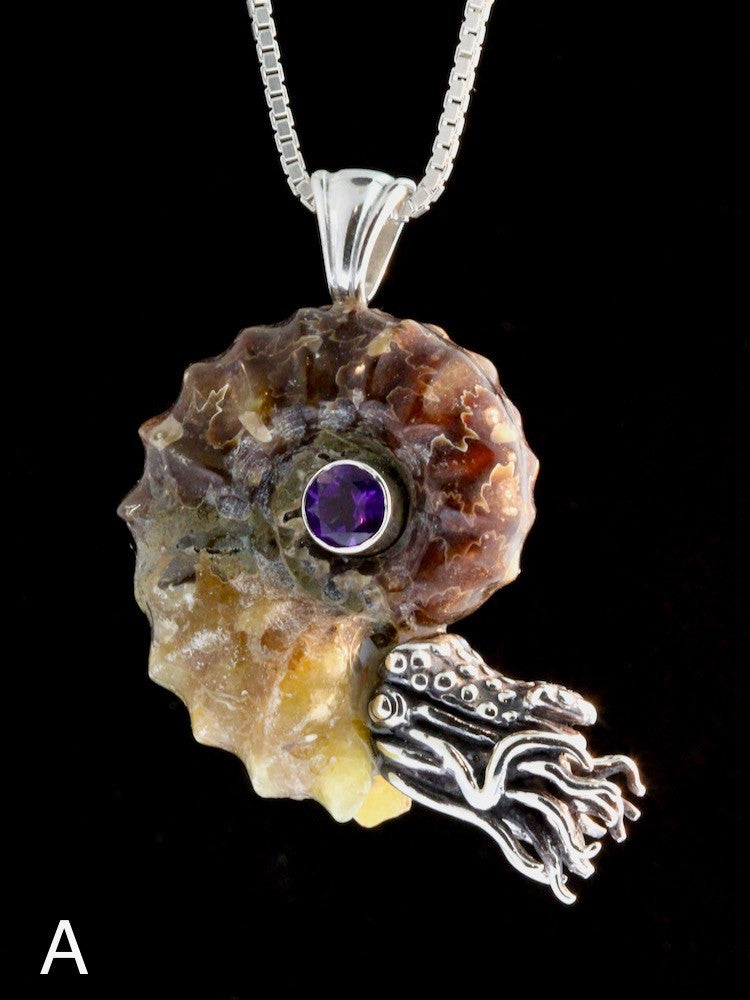 Option A - Spiky Fossilized Ammonite Nautilus Necklace with Amethyst