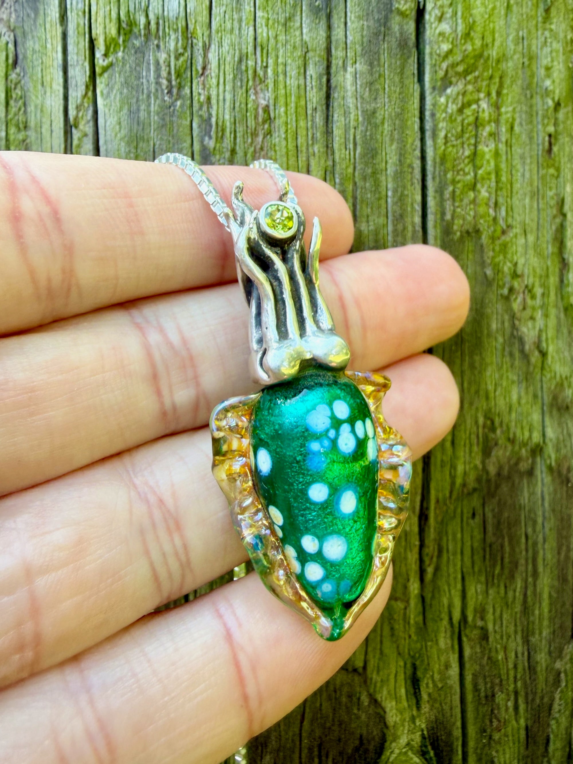 Iridescent Cuttlefish Pendant with Peridot - Sterling Silver