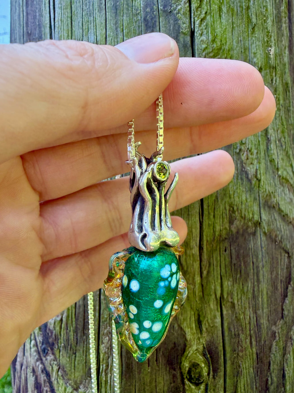 Iridescent Cuttlefish Pendant with Peridot - Sterling Silver