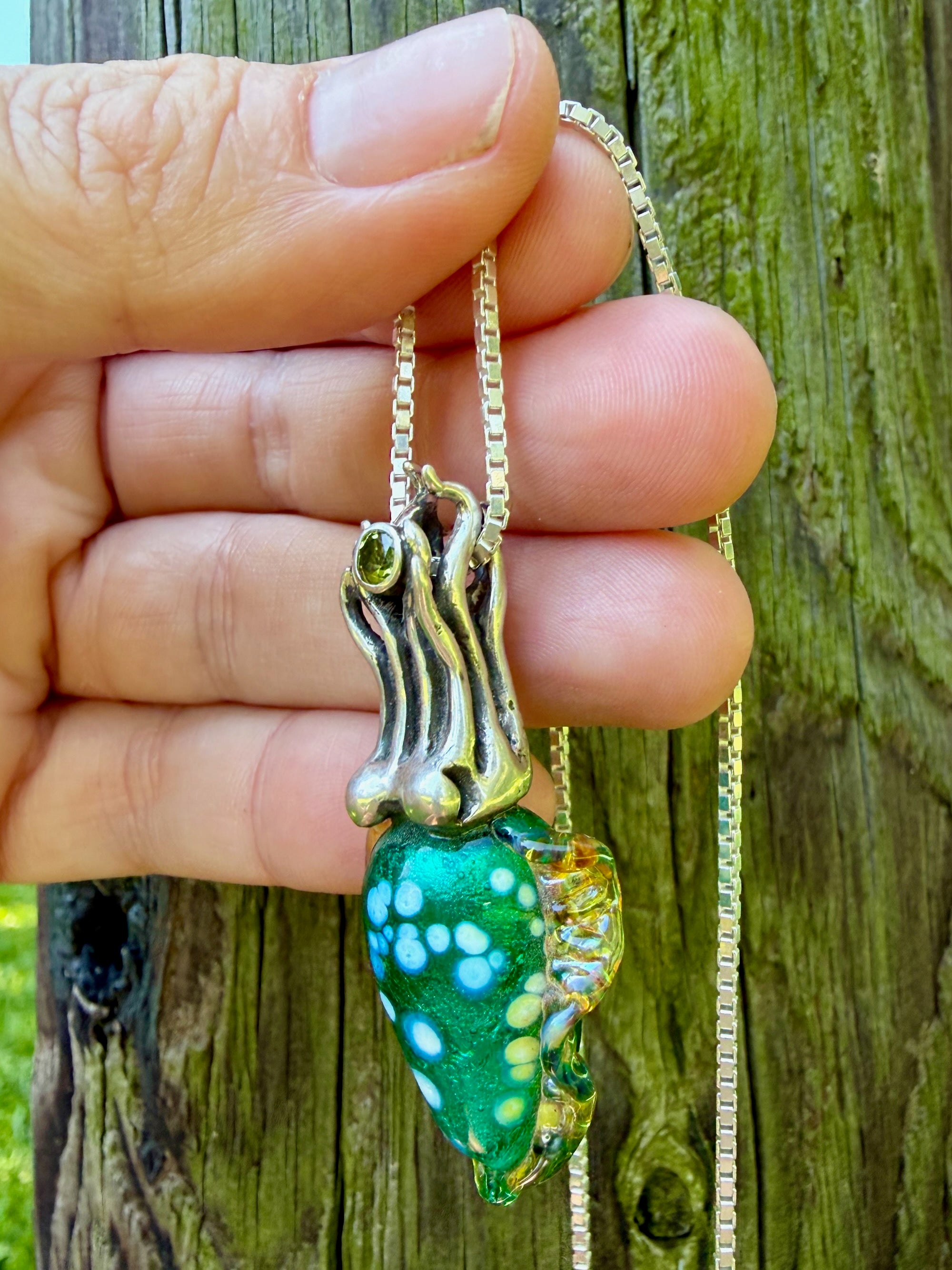 Iridescent Cuttlefish Pendant with Peridot - Sterling Silver