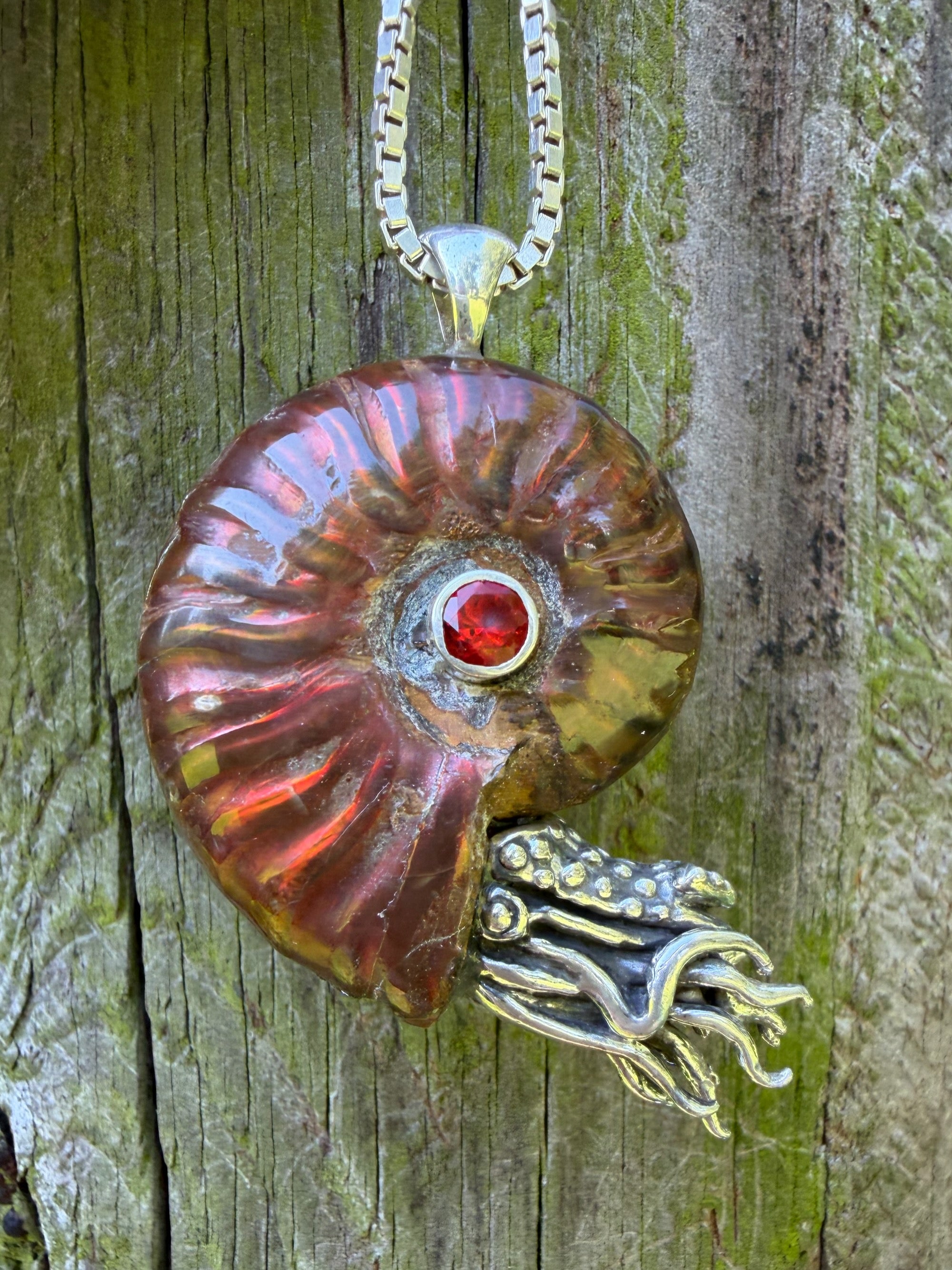 Rainbow Fossilized Ammonite Nautilus Necklace with Mexican Fire Opal - Sterling Silver
