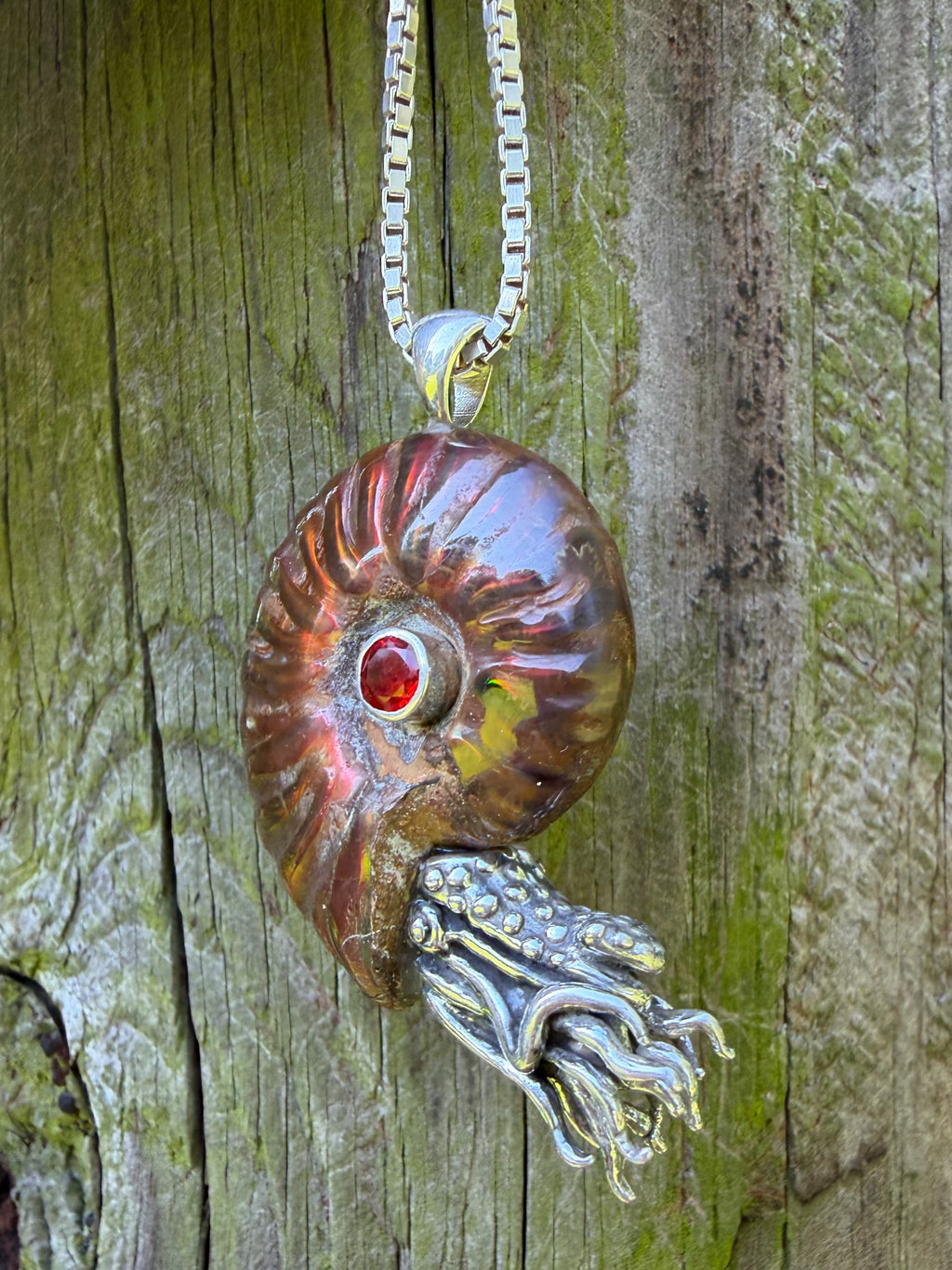 Rainbow Fossilized Ammonite Nautilus Necklace with Mexican Fire Opal - Sterling Silver