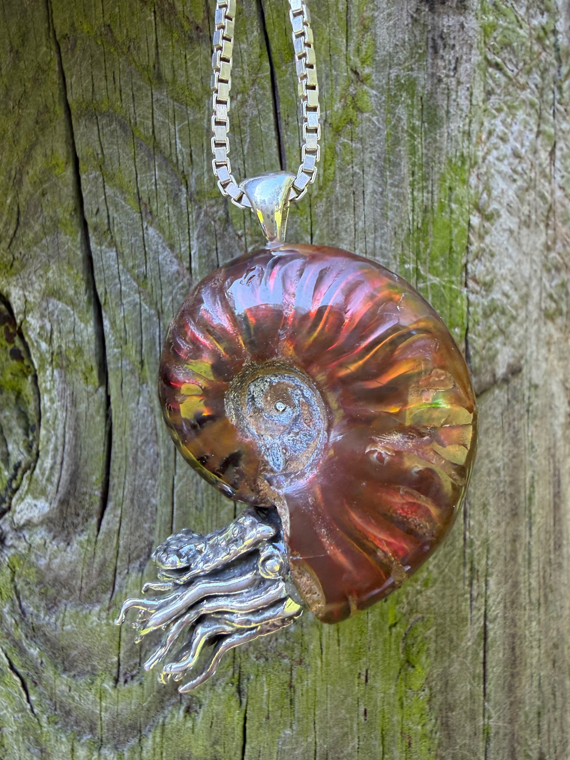 Rainbow Fossilized Ammonite Nautilus Necklace with Mexican Fire Opal - Sterling Silver
