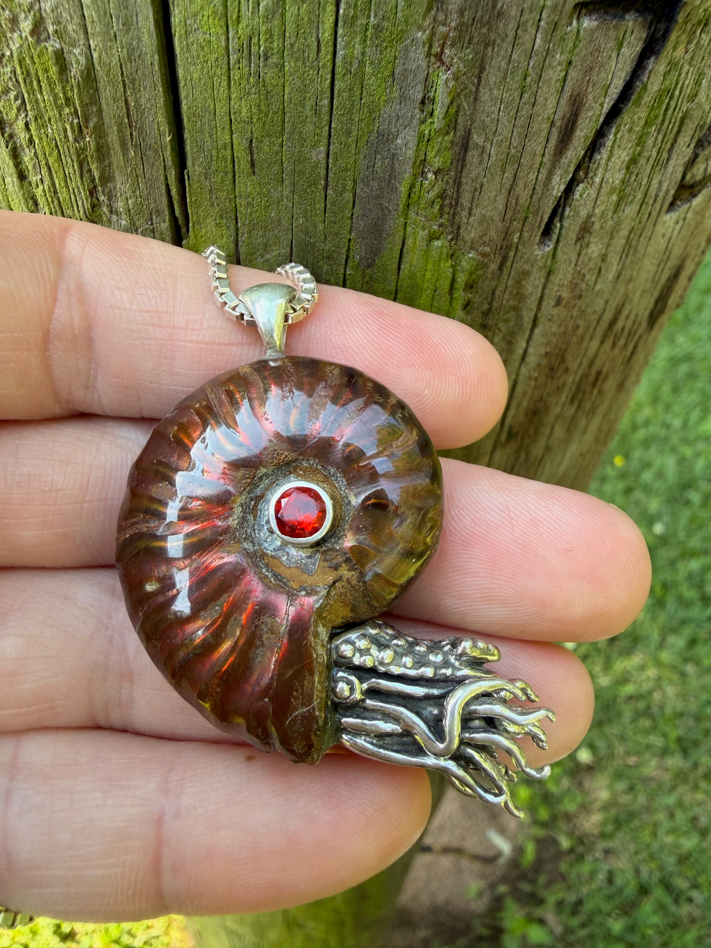 Rainbow Fossilized Ammonite Nautilus Necklace with Mexican Fire Opal - Sterling Silver