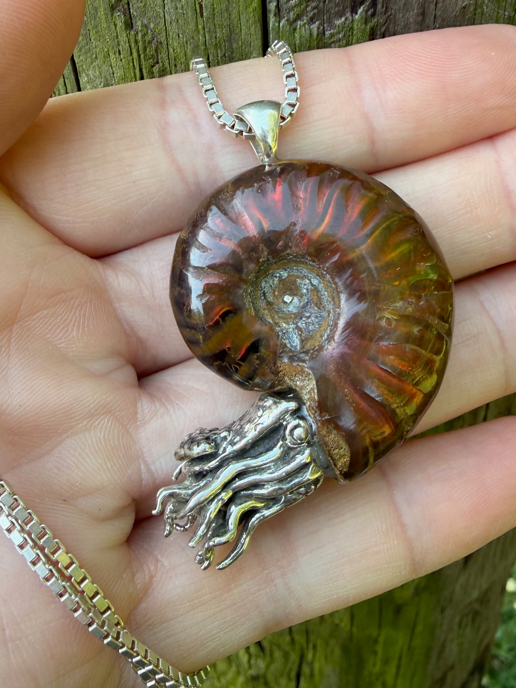 Rainbow Fossilized Ammonite Nautilus Necklace with Mexican Fire Opal - Sterling Silver