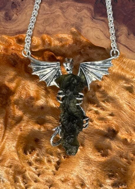 Moldavite Scepter Dragon Pendant - Silver