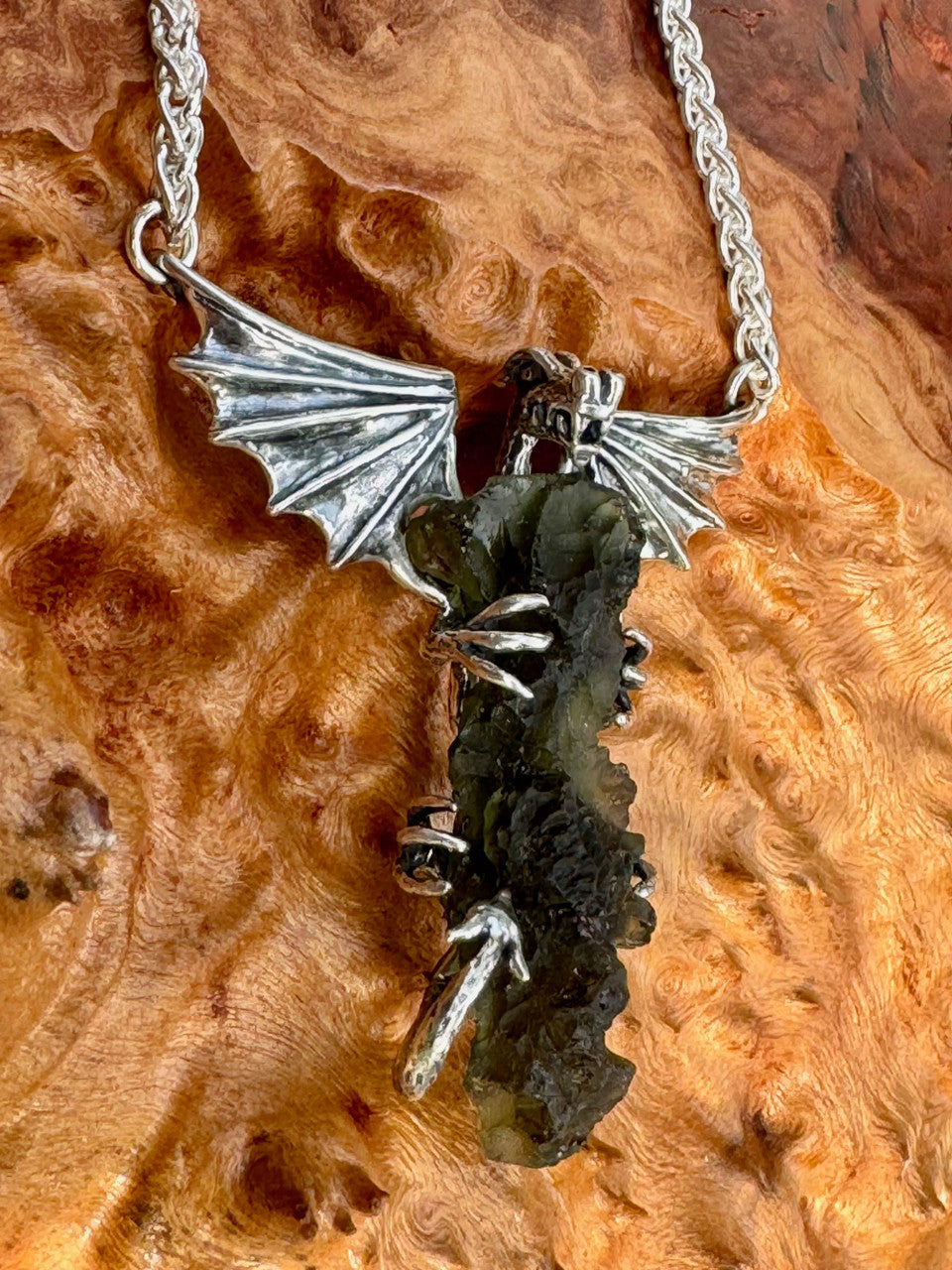 Moldavite Scepter Dragon Pendant - Silver