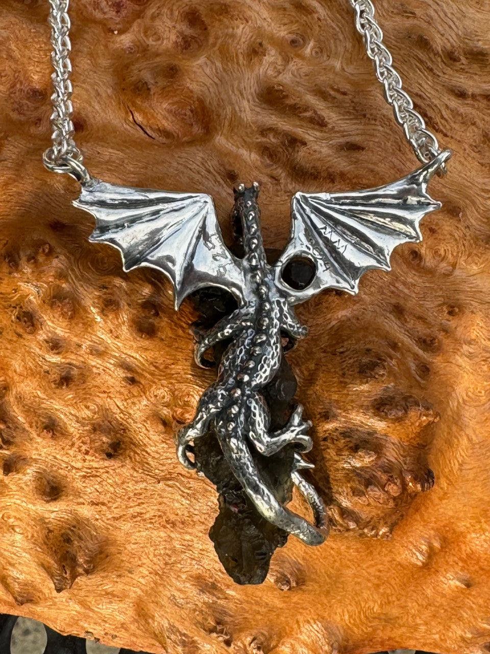 Moldavite Scepter Dragon Pendant - Silver