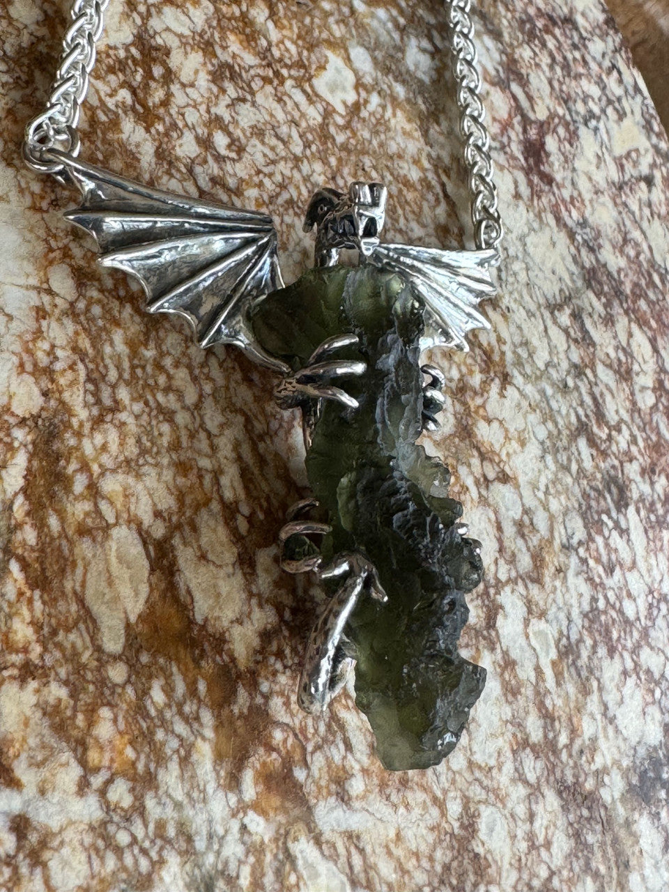 Moldavite Scepter Dragon Pendant - Silver
