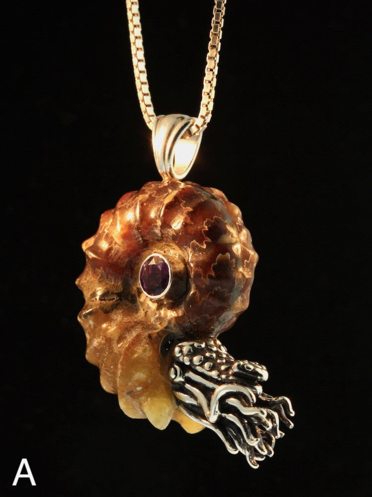 Option A - Spiky Fossilized Ammonite Nautilus Necklace with 6mm Amethyst
