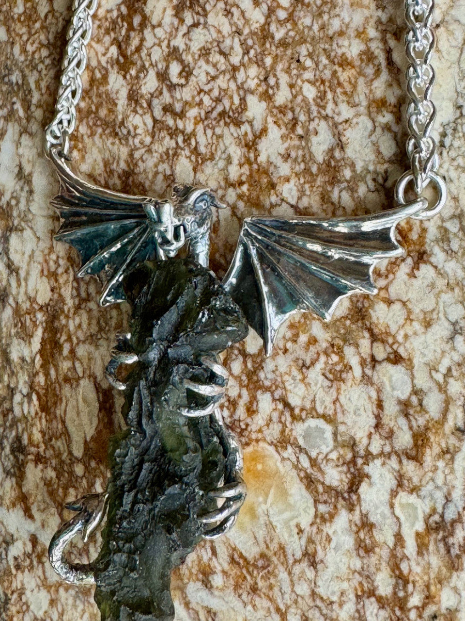 Moldavite Scepter Dragon Pendant - Silver