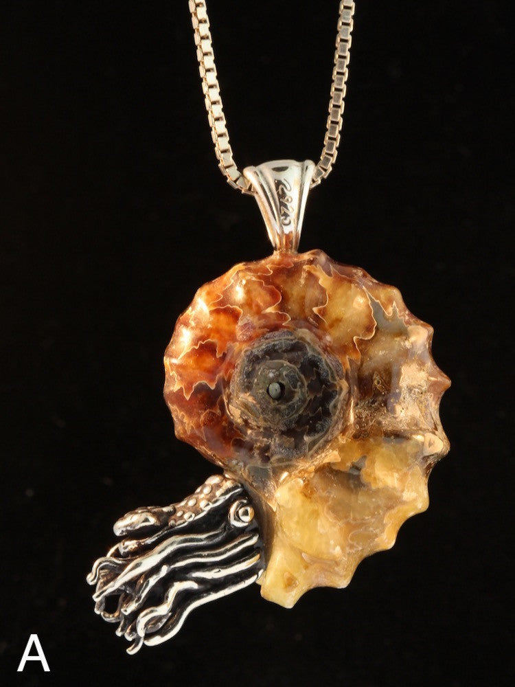 Option A - Spiky Fossilized Ammonite Nautilus Necklace with Amethyst
