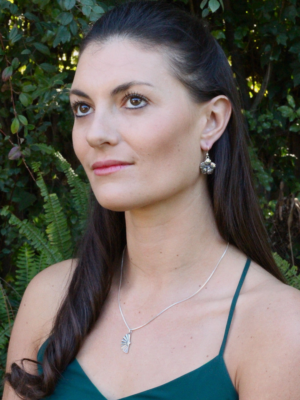 Jessica is modeling  the Fan Charm & Hibiscus earrings