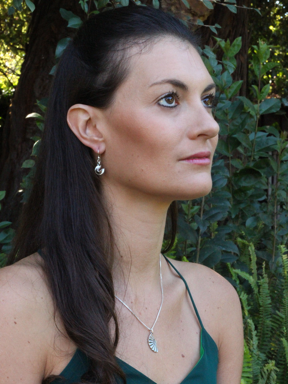 Jessica is wearing the Japanese Fan charm and Peace Crane and Fortune Cookie earrings