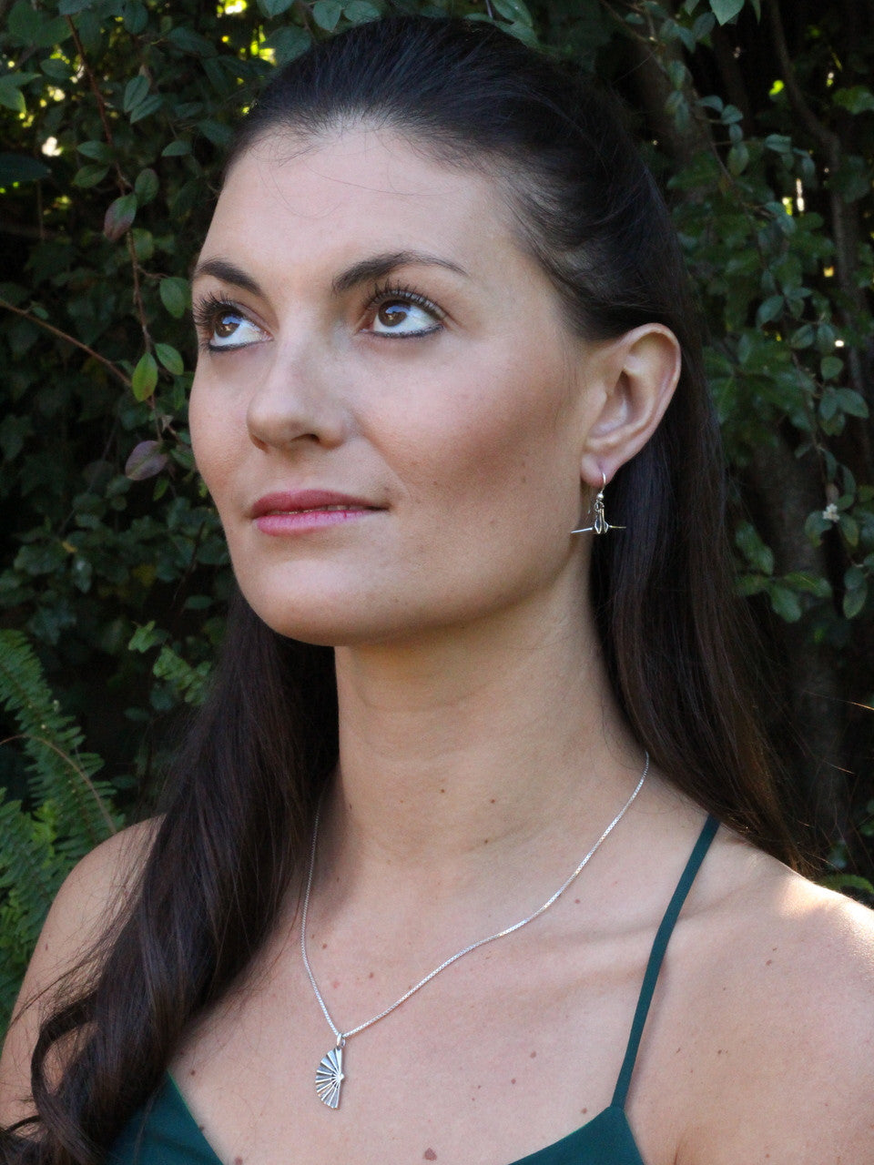 Jessica is wearing Peace Crane Earrings & Japanese Fan Charm