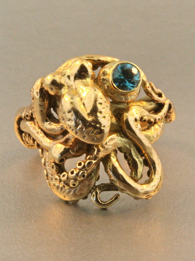 Octopus Ring With Blue Zircon - Solid 14k Gold