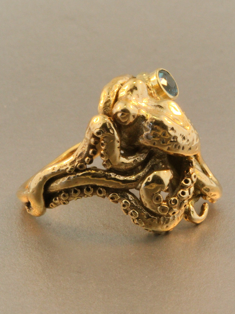 Octopus Ring With Blue Zircon - Solid 14k Gold