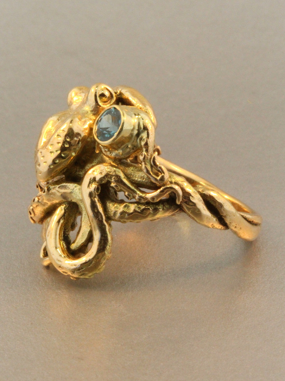 Octopus Ring With Blue Zircon - Solid 14k Gold