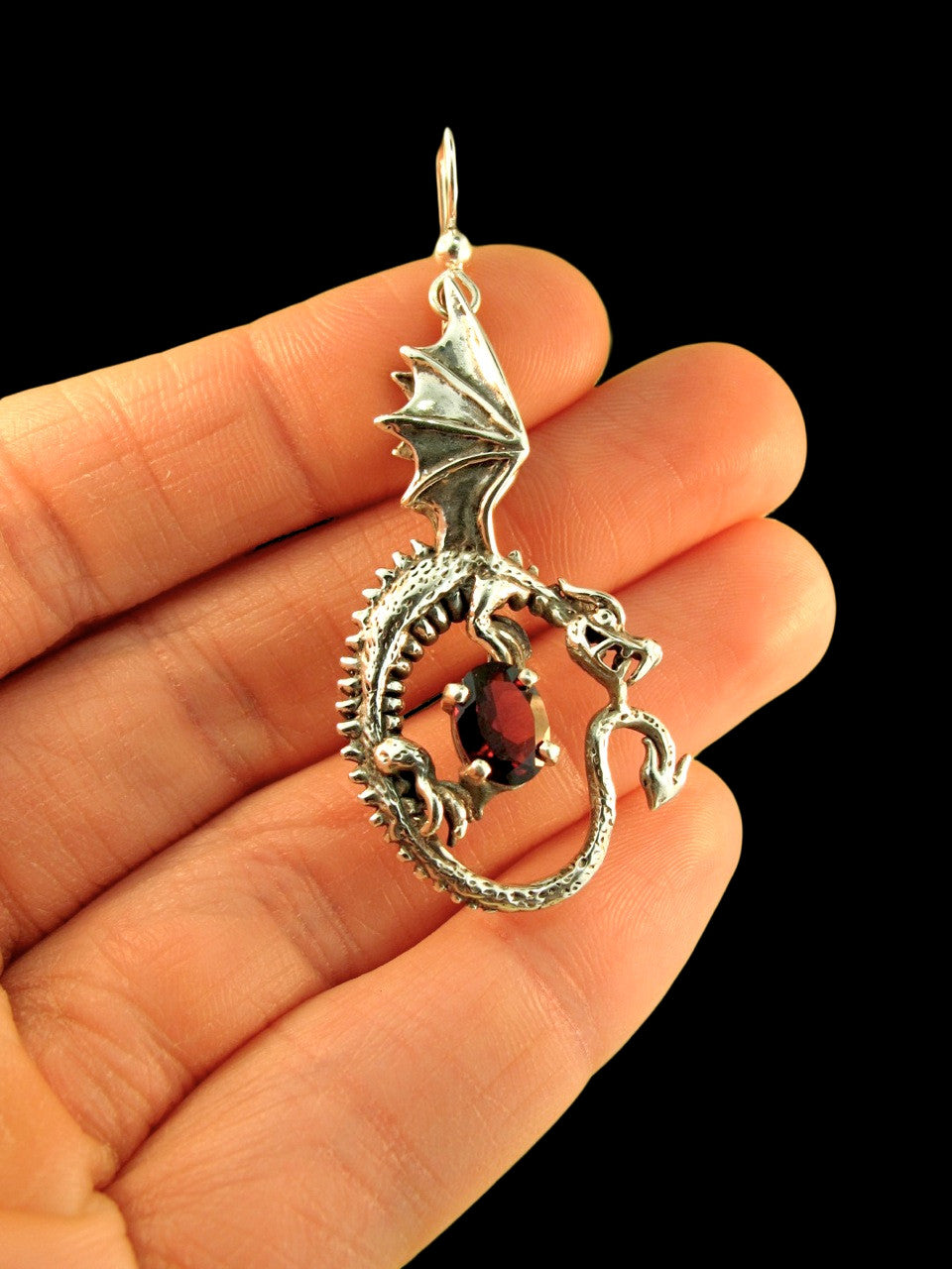 Oracle Dragon Earring with Garnet - Silver