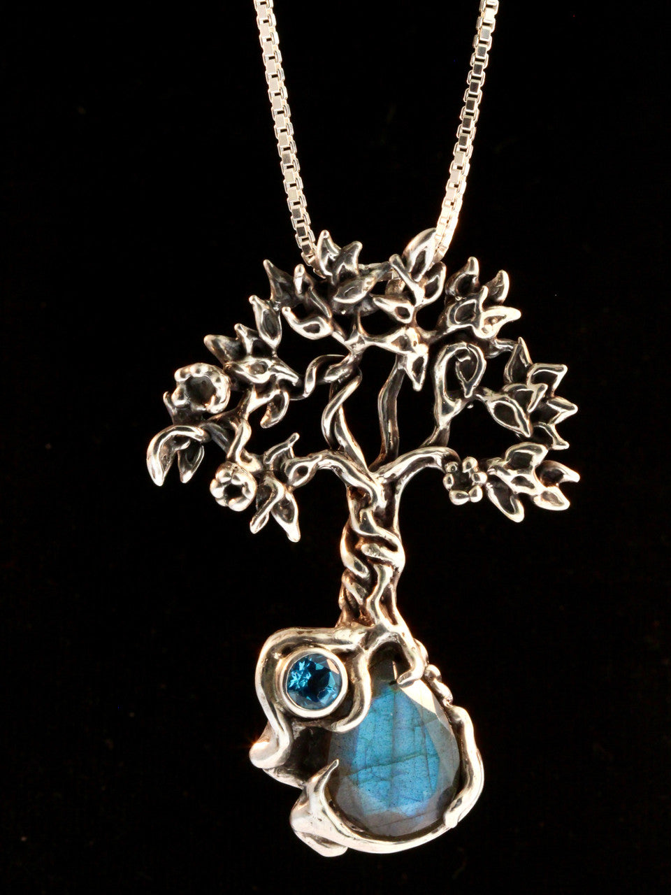 Primeval Forest Tree Pendant #25 with Laborite and Blue Topaz - Silver